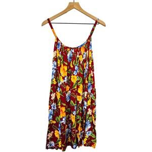 Island Planet Hawaiian Floral Print Swing Sundress Dress OS Red Blue Yellow‎